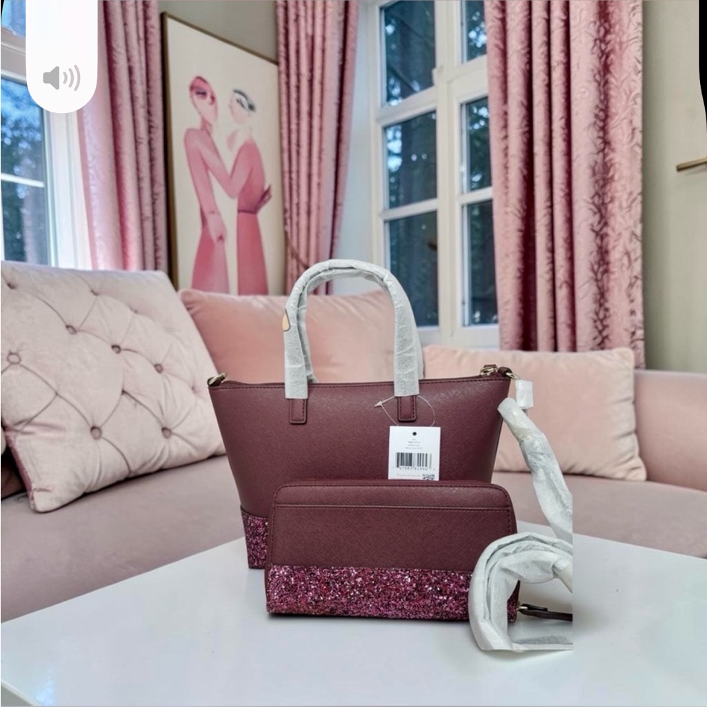 New! Kate Spade Greta Court Ina Cherrywood Glitter Satchel/Wallet Set (Nwt)